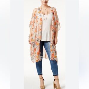 American Rag Floral Chiffon Kimono Open Longline Cardigan Cold Shoulder Sz SMALL